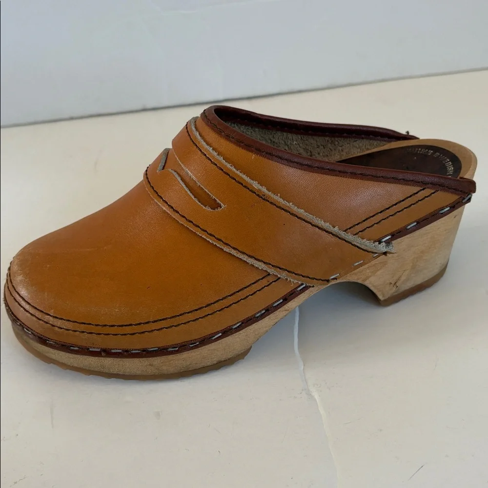 Vintage Lofsko genuine Swedish clogs wooden clog cognac colored leather size 35 - Picture 10 of 16